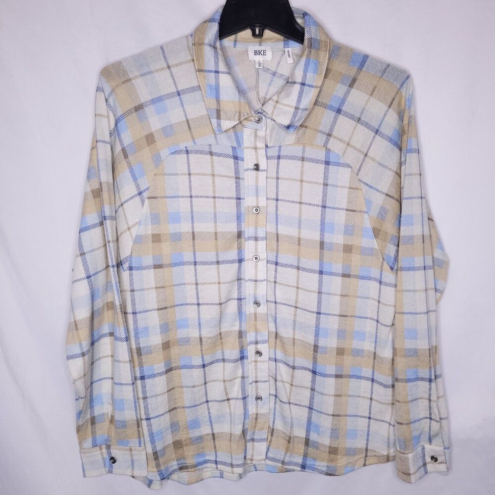 BKE Flannel Shirt Womens Large Plaid Cream, Blue Oversized